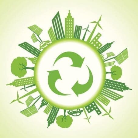 Eco cityscape around a recycle icon. 3 chasing arrows depicting the circular economy