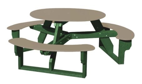 ORT Open Round table shown with a green frame and nutmeg brown seats and tabletop.