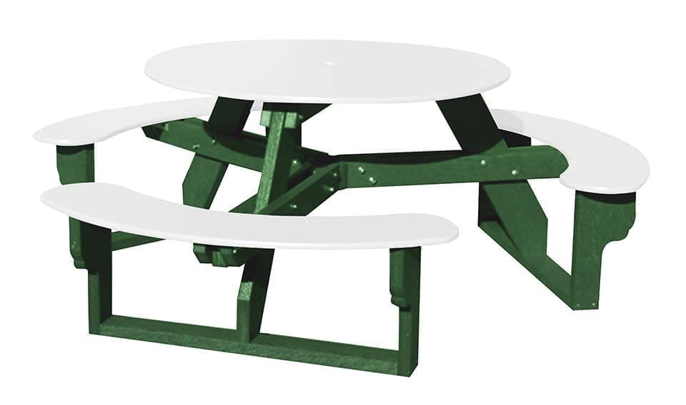 Open Round outdoor picnic table with a smooth top, perfect for schools and restaurants. The frame is made out of 100% recycled plastic and the top and seats are made with HDPE plastic. Shown with a green frame and white top and seats.