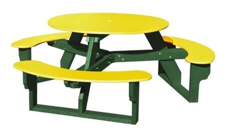 Open Round outdoor picnic table with a smooth top, perfect for schools and restaurants. The frame is made out of 100% recycled plastic and the top and seats are made with HDPE plastic. Shown with a green frame and yellow top and seats.