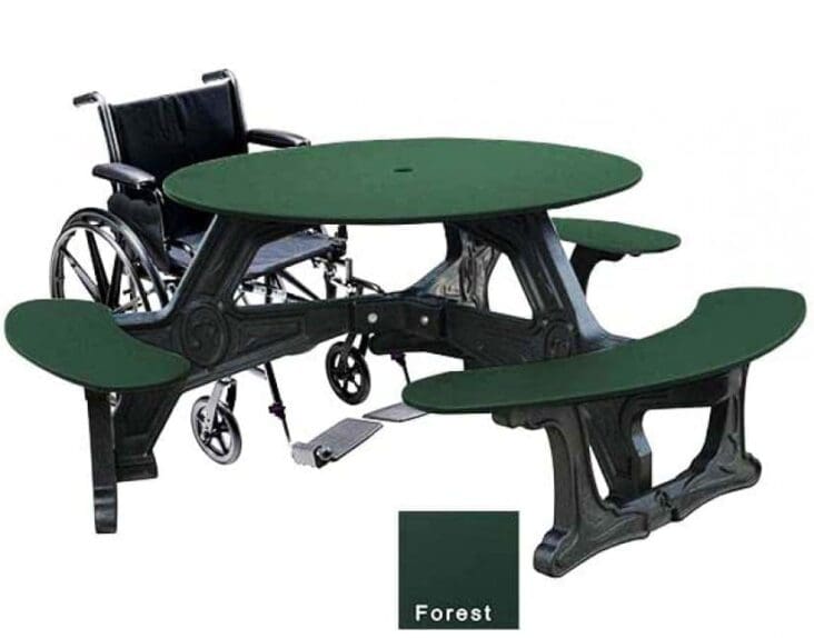 The Bodega Universal Access Picnic Table with seating for 4 plus a wheelchair accessible space. The table uses our Green-Scape table frame that looks like wrought iron, but made with recycled HDPE plastic. The table top and seats are green.