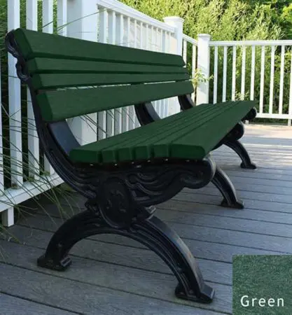 The Cambridge 6 ft. recycled plastic bench is very stylish with the ornately molded black frames that look like cast metal but are made of recycled plastic. The green seat and back are made of 2"x 2" slats set between 2" x 4" bullnose edge boards. It's placed on a deck next to the railing.