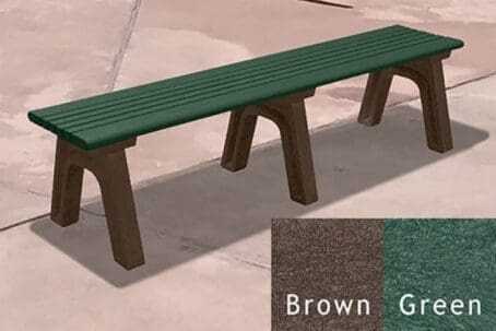 The 6 ft Cambridge flat bench has four 2"x2" center boards between 2"x4" bullnosed edge boards. Shown here with brown frames and green seat boards.