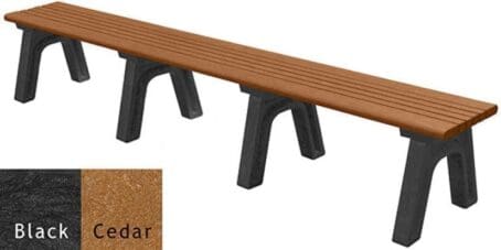 Cambridge flat 8 ft outdoor bench made of recycled plastic and shown with black frames and cedar color seat boards.
