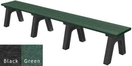 Cambridge 8 foot flat bench made of recycled plastic frames and boards. Shown here with black frames and green seat boards.