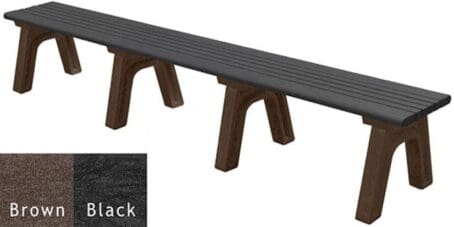 Cambridge 8 foot flat outdoor bench with 4 brown bench frames and charcoal colored seat boards. The seat is made of four 2' x 2' slats between two bullnosed 2' x 4' boards.