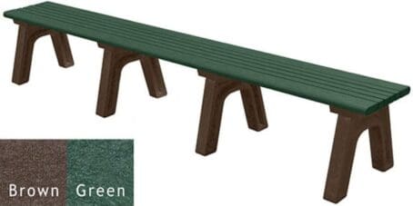 The Cambridge 8 ft flat bench is made of 100% recycled #2 plastic and is shown here with 4 brown frames and green seat boards.