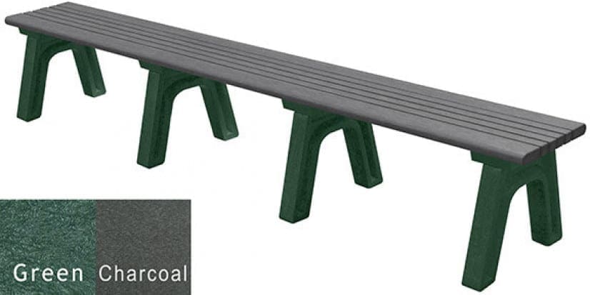 8 foot flat recycled plastic outdoor bench, the Cambridge flat bench shown has green frames beneath charcoal gray color seat boards, with rounded edge boards.