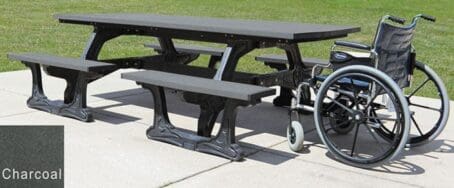 The Commons ADA outdoor picnic table seats 8 people plus wheelchair access on both sides. Made out of recycled HDPE plastic. The table uses our Green-Scapes frame that is made to look like wrought iron, but molded with recycled plastic. The top and seat boards are charcoal in color.