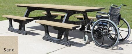 The Commons ADA outdoor picnic table with wheelchair access on both sides. Made out of recycled HDPE plastic. The table uses our Green-Scapes frame that is made to look like wrought iron, but molded with recycled plastic. The top and seat boards are sand in color.