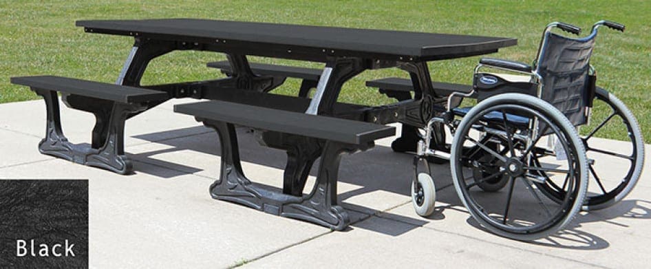 The Commons ADA outdoor picnic table seats 8 people plus wheelchair access on both sides. Made out of recycled HDPE plastic. The table uses our Green-Scapes frame that is made to look like wrought iron, but molded with recycled plastic. The top and seat boards are black in color.