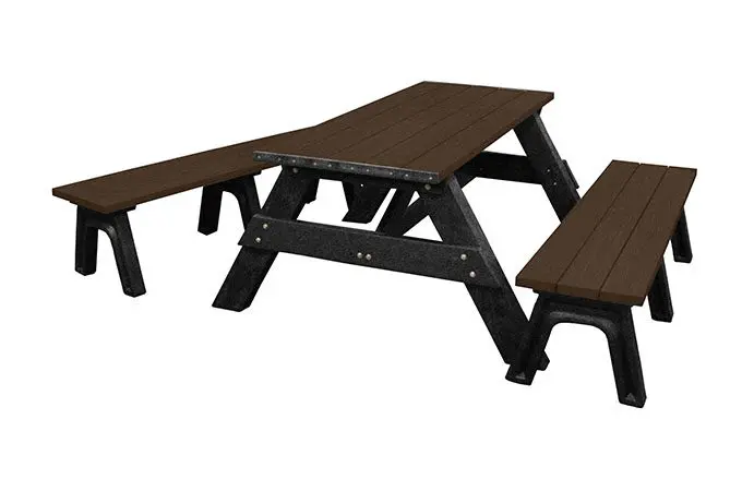 Deluxe 6' outdoor picnic table with detached seating. Made out of recycled plastic and shown with a black frame and brown seat and top boards.