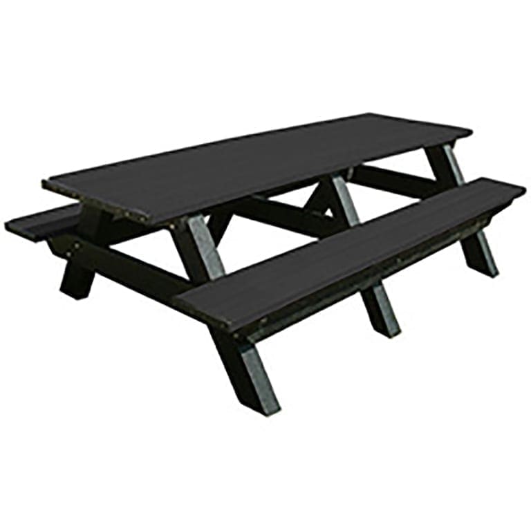 Deluxe 8 foot outdoor park picnic table made of recycled plastic. Shown with a black frame and black top and seat boards.