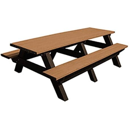 Deluxe 8 foot commercial outdoor picnic table made of recycled plastic. Shown with a brown frame and cedar top and seat boards.