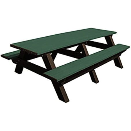 Deluxe 8 foot commercial outdoor picnic table made of recycled plastic. Shown with a brown frame and green top and seat boards.