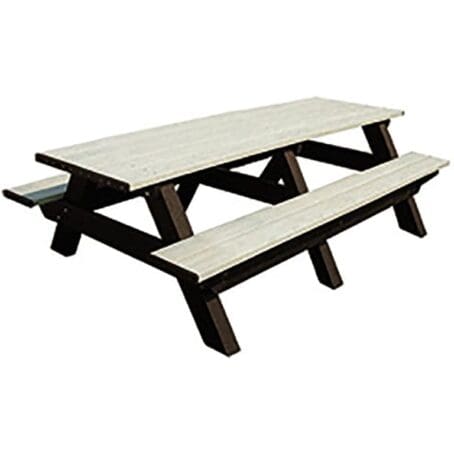 Deluxe 8 foot commercial outdoor picnic table made of recycled plastic. Shown with a brown frame and sand top and seat boards.