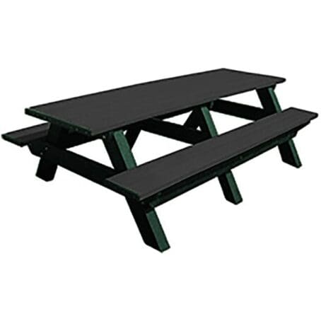 Deluxe 8 foot commercial outdoor picnic table made of recycled plastic. Shown with a green frame and charcoal top and seat boards.