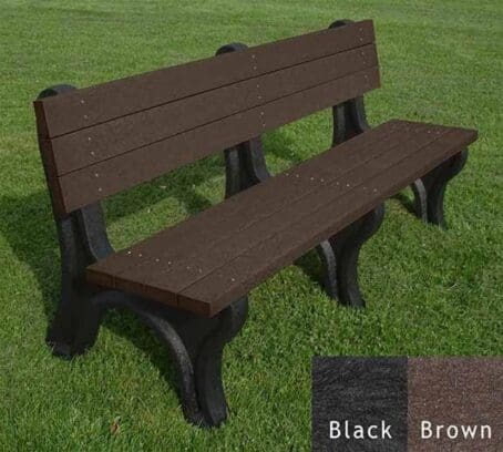 Deluxe 6 foot commercial outdoor backed bench made of 100% recycled HDPE plastic. Shown with a black frame and brown boards.