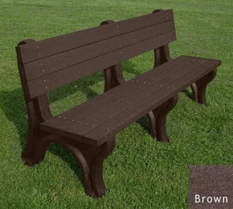 Deluxe 6 foot commercial outdoor backed bench made of 100% recycled HDPE plastic. Shown with a brown frame and brown boards.