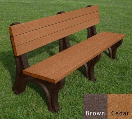 Deluxe 6 foot outdoor backed bench made of 100% recycled HDPE plastic. Shown with a brown frame and cedar boards.