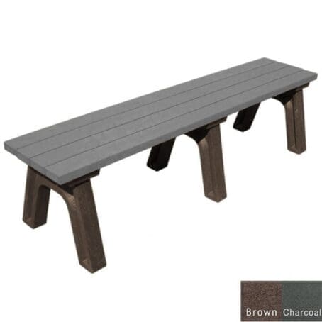 Deluxe 6 foot outdoor flat bench with 2"x4" planks made of 100% recycled HDPE plastic. Shown with a brown frame and charcoal boards.