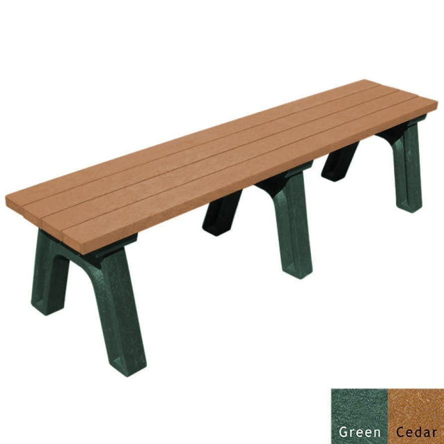 Deluxe 6' commercial flat bench with 2"x4" planks made of 100% recycled plastic. Shown with a green frame and cedar boards.