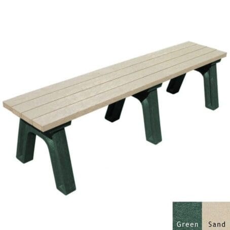 Deluxe 6' commercial flat bench with 2"x4" planks made of 100% recycled plastic. Shown with a green frame and sand boards.