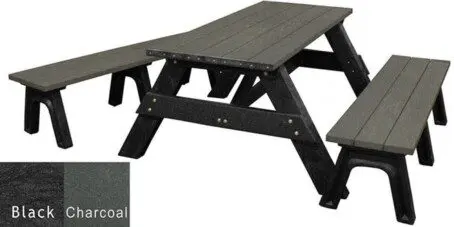 A Deluxe 6 foot commercial outdoor picnic table with detached seating. Made out of recycled plastic and shown with a black frame and charcoal top and seat boards.
