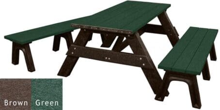 A 6 foot Deluxe outdoor picnic table with detached seating. Made out of recycled plastic and shown with a brown frame and green top and seat boards.