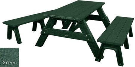 A 6 ft Deluxe outdoor picnic table with detached benches. Made out of recycled plastic and shown with a green frame and green top and seat boards.