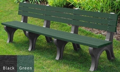 Deluxe 8 ft commercial outdoor bench made with sturdy 2"x4" planks. This durable and functional bench is made of 100% recycled HPDE plastic. Shown with a black frame and green boards.