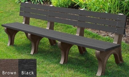 Deluxe 8 foot park bench made with sturdy 2"x4" planks. This durable and functional bench is made of 100% recycled plastic. Shown with a brown frame and black boards.
