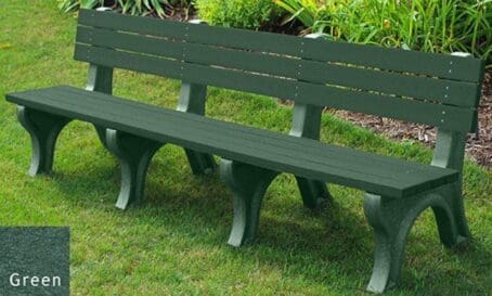 Deluxe 8' outdoor backed bench made of 100% recycled HDPE plastic. Perfect for gardens, patios, and parks. Shown with a green frame and green boards.