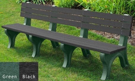 Deluxe 8' outdoor backed bench made of 100% recycled HDPE plastic. Perfect for gardens, patios, and parks. Shown with a green frame and charcoal boards.