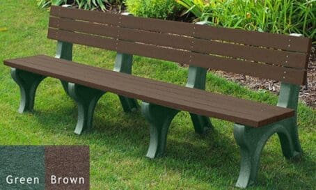 Deluxe 8' outdoor backed bench made of 100% recycled HDPE plastic. Perfect for gardens, patios, and parks. Shown with a green frame and brown boards.