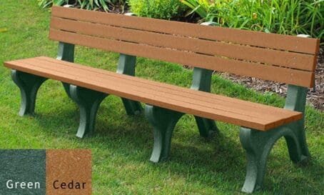 Deluxe 8' outdoor backed bench made of 100% recycled HDPE plastic. Perfect for gardens, patios and parks. Shown with a green frame and cedar boards.