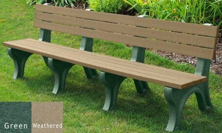 Deluxe 8' outdoor backed bench made of 100% recycled HDPE plastic. Perfect for gardens, patios and parks. Shown with a green frame and weathered boards.