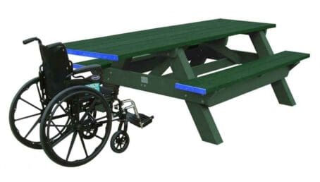 A Deluxe ADA outdoor picnic table with wheelchair access on one end. Made of recycled HDPE plastic. Shown with a green frame and green top and seat boards.