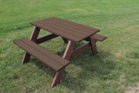 A 4 ft Economizer space saver outdoor picnic table made with recycled plastic. Shown with a brown frame and brown tops and seat boards.