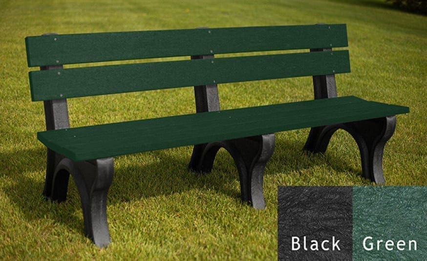 The Economizer Traditional 6 foot outdoor park bench made of 100% recycled HDPE plastic. This bench has the same design as our Traditional 6' bench, but made with smaller, lighter 1 1/4"x5" planks. Shown on grass with a black frame and green boards.