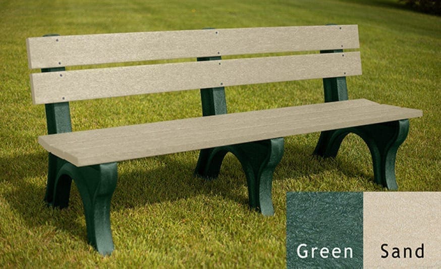 The Economizer Traditional 6' commercial outdoor bench made of 100% recycled plastic. This bench has the same design as our Traditional 6' bench, but made with smaller, lighter 1 1/4"x5" planks. Shown on grass with a green frame and sand boards.