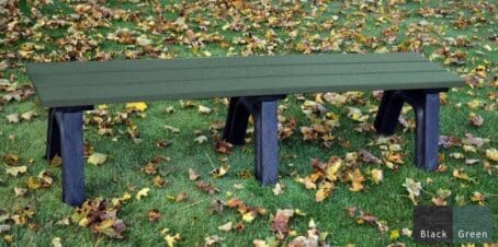 The Economizer Traditional 6 ft flat bench is made from 100% recycled HDPE plastic. This bench has the same design as our Traditional flat bench but uses our lighter weight 1 1/4"x5" planks instead of the standard 2"x6" planks. The bench is shown on grass with a black frame and green seat boards.