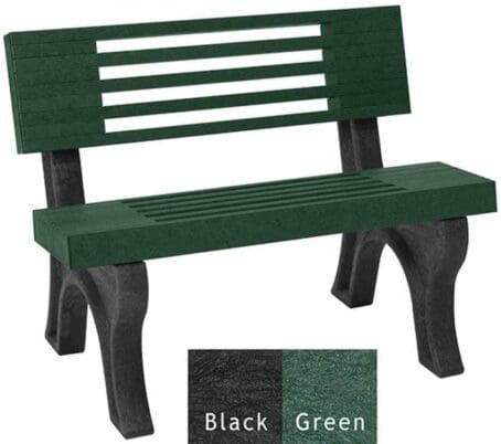 The Elite 4' outdoor park bench with a slatted design, giving the bench an upscale look. Made out of 100% recycled plastic. Shown with a black frame and green planks.