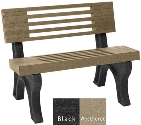 The Elite 4-foot outdoor bench with a slatted design, giving the bench an upscale look. Made out of 100% recycled plastic. Shown with a black frame and weathered planks.