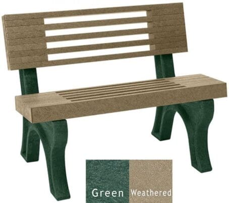 The Elite 4' outdoor park bench with a slatted design, gives the bench an upscale look. Made out of 100% recycled HDPE plastic. Shown with a green frame and weathered planks.