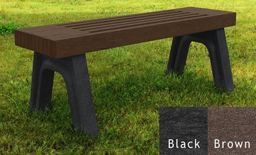 The Elite 4 ft outdoor modern flat bench with a slatted design. Made out of 100% recycled HDPE plastic. Shown with a black frame and brown seat.
