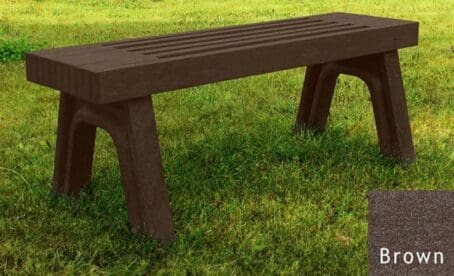 The Elite 4 foot commercial outdoor flat bench features an upscale, modern look with a slatted design. Made out of 100% recycled HDPE plastic. Shown with a brown frame and brown boards.