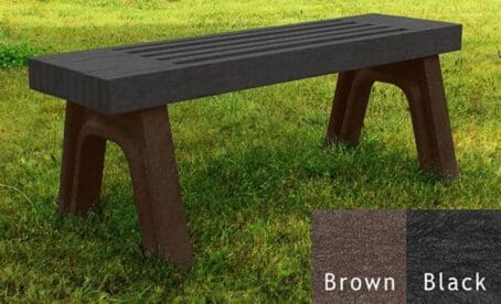 The Elite 4 foot commercial outdoor flat bench features an upscale, modern look with a slatted design. Made out of 100% recycled HDPE plastic. Shown with a brown frame and black boards.