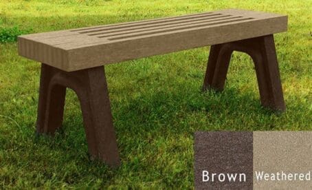 The Elite 4 foot commercial outdoor flat bench features an upscale, modern look with a slatted design. Made out of 100% recycled HDPE plastic. Shown with a brown frame and weathered boards.