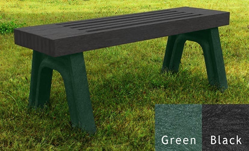The Elite 4 foot commercial flat bench features an upscale, modern look with a slatted design. Made out of 100% recycled plastic. Shown with a green frame and black boards.